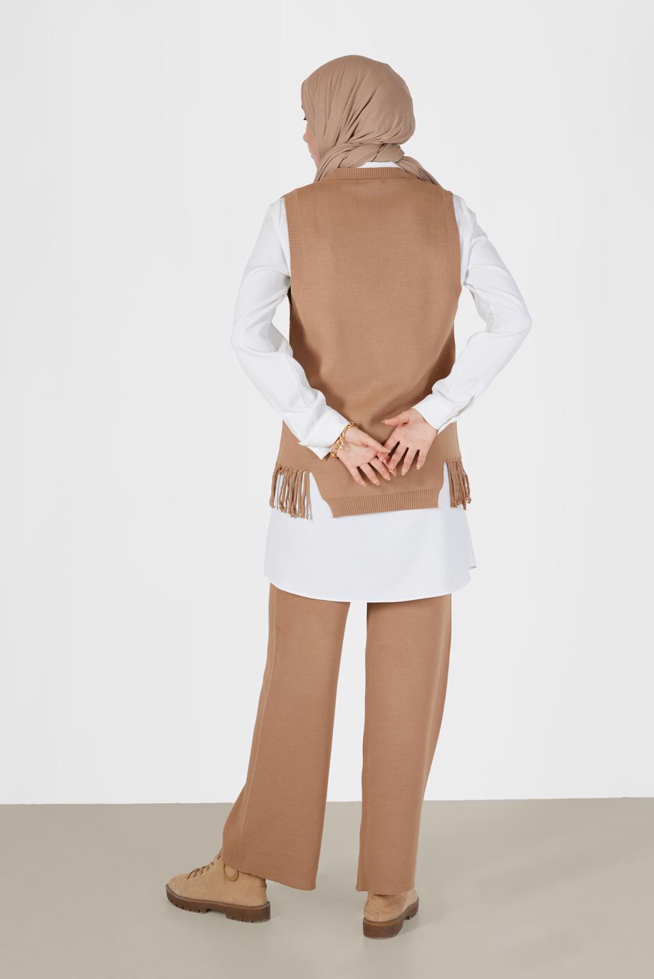 Tesettür giyim KAHVE PÜSKÜL DETAYLI TRİKO SÜVETER 14541 