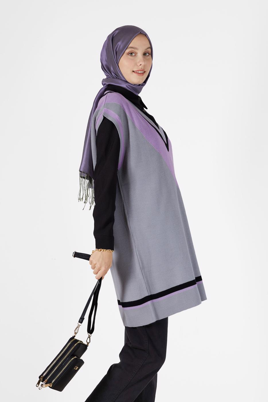 Tesettür giyim GRİ ÜÇ RENK V YAKA SÜVETER 15541 