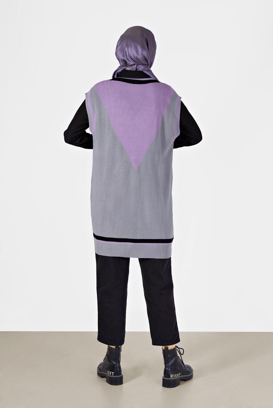 Tesettür giyim GRİ ÜÇ RENK V YAKA SÜVETER 15541 