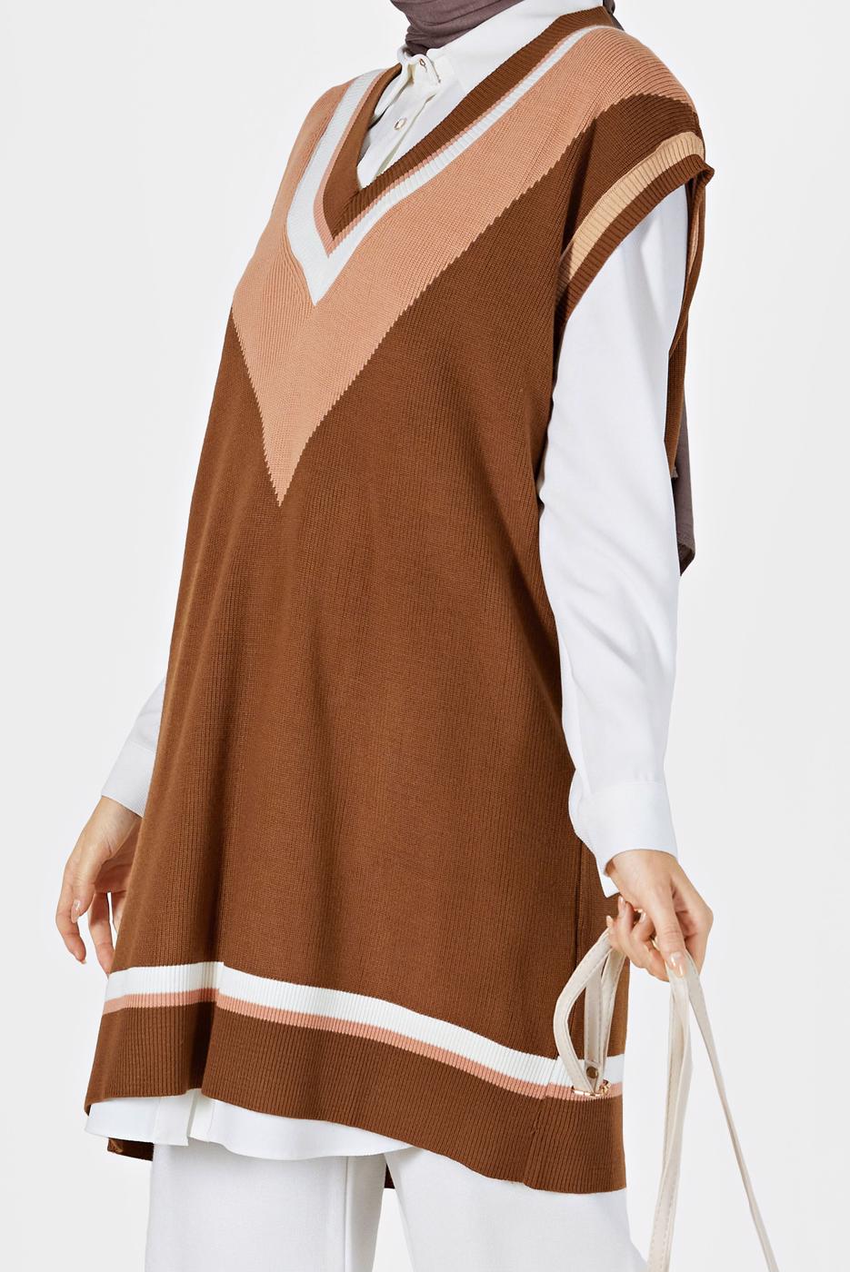 Tesettür giyim KAHVE ÜÇ RENK V YAKA SÜVETER 15541 
