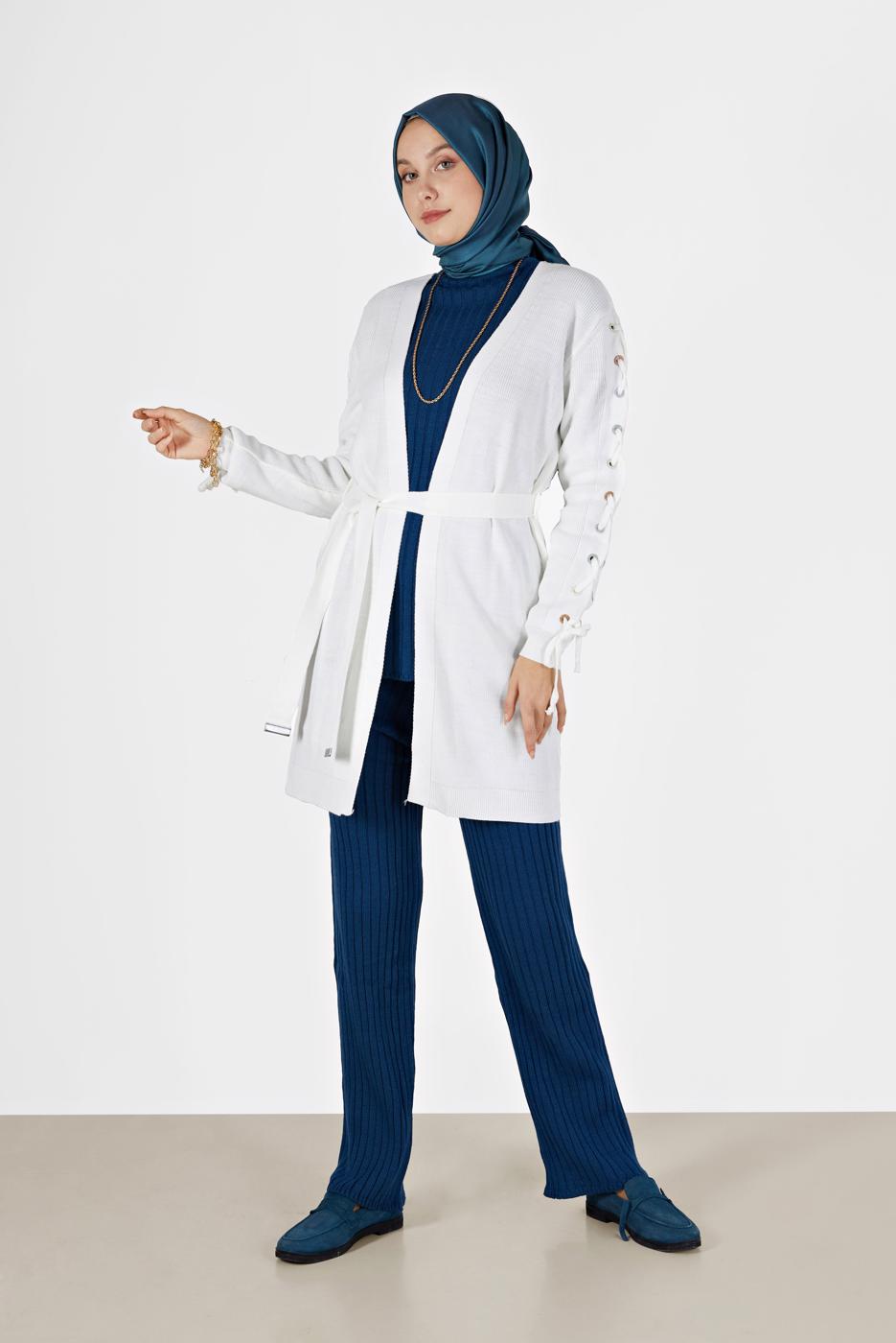 Hijab clothing WHITE EYELET DETAIL BELTED KNITWEAR CARDIGAN 23541 