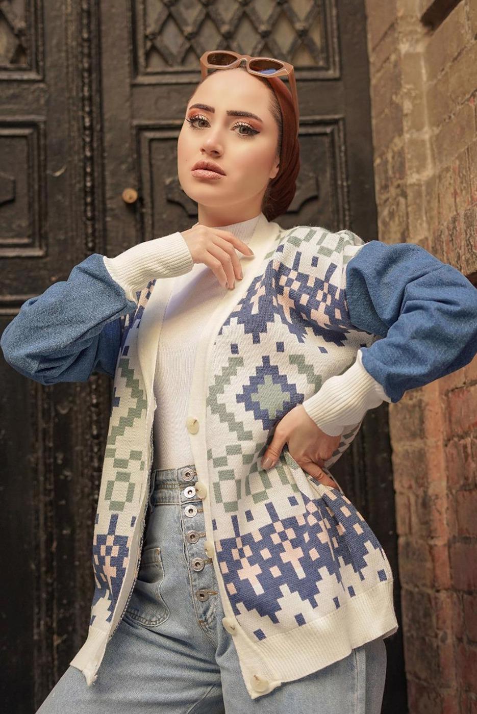 Vêtements hijab CRÈME CARDIGAN EN MAILLE MULTICOLORE À MOTIFS 37501