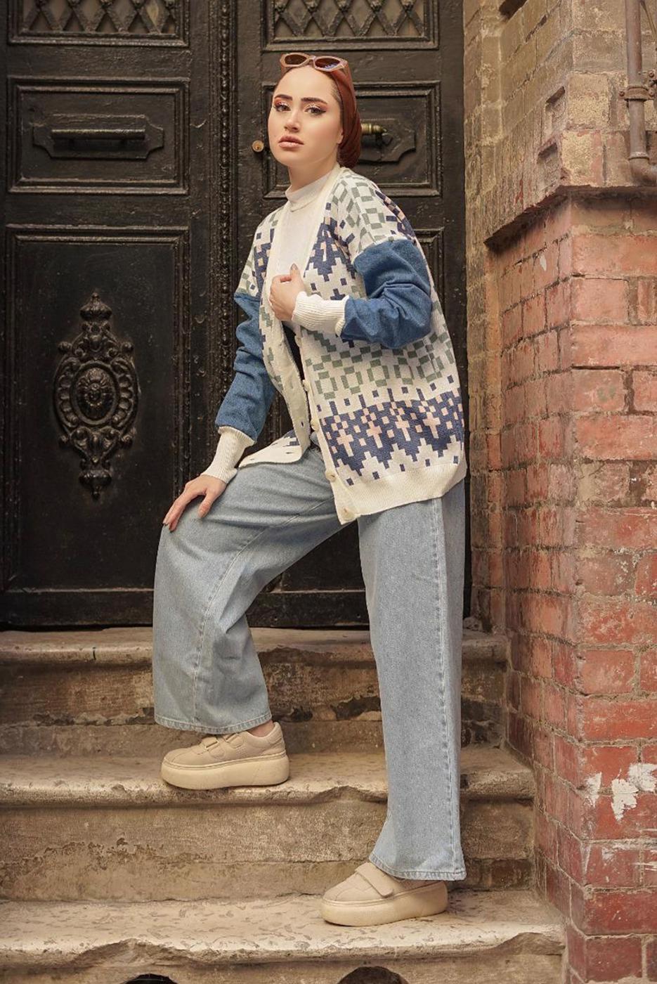 Vêtements hijab CRÈME CARDIGAN EN MAILLE MULTICOLORE À MOTIFS 37501