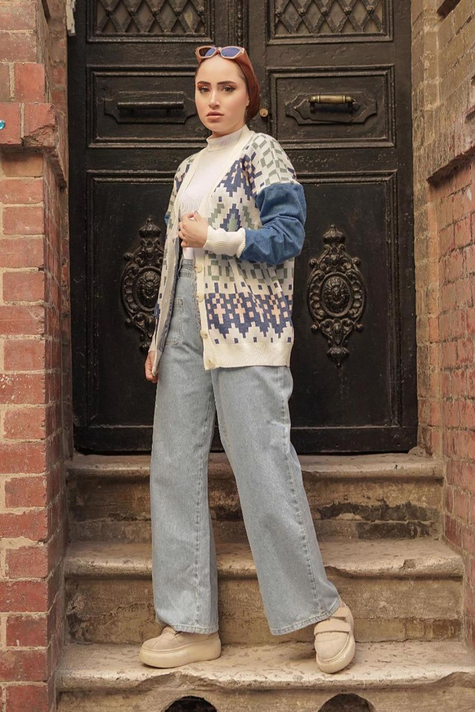 Vêtements hijab CRÈME CARDIGAN EN MAILLE MULTICOLORE À MOTIFS 37501