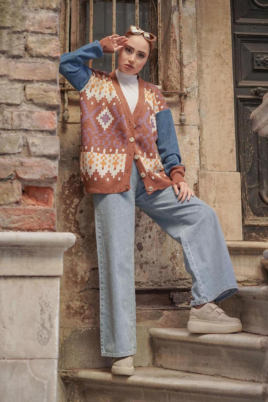 Tesettür giyim TABA DESENLİ ÇOK RENKLİ TRİKO HIRKA 37501 