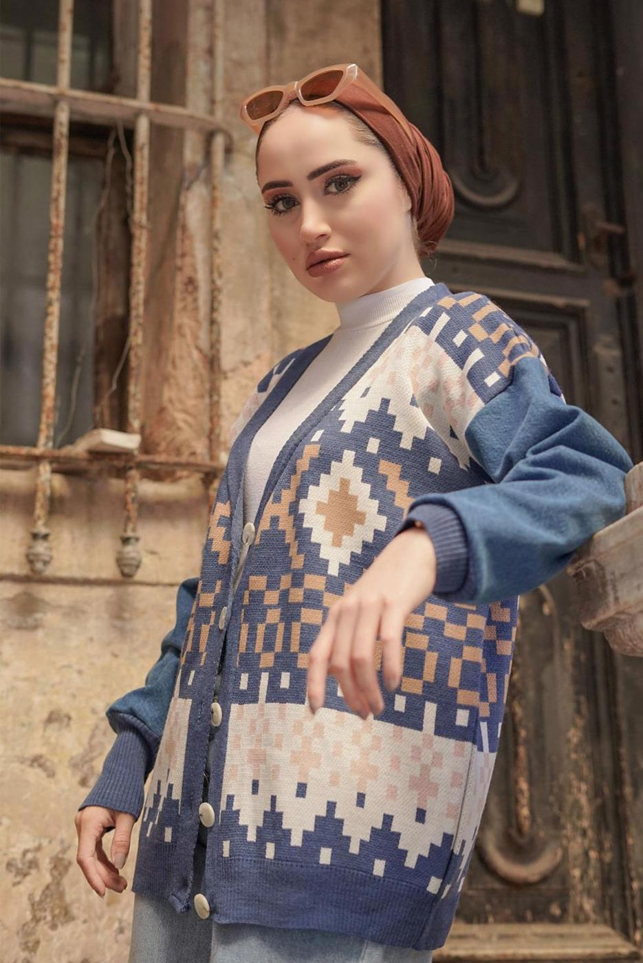 Hijab clothing NAVY BLUE PATTERNED MULTI-COLORED KNITWEAR CARDIGAN 37501 