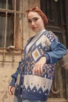 Hijab clothing NAVY BLUE PATTERNED MULTI-COLORED KNITWEAR CARDIGAN 37501 