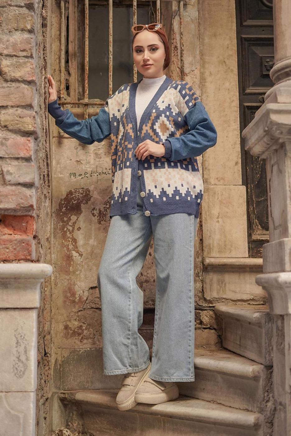 Hijab clothing NAVY BLUE PATTERNED MULTI-COLORED KNITWEAR CARDIGAN 37501 