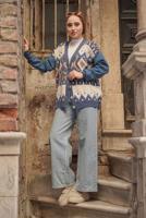 Hijab clothing NAVY BLUE PATTERNED MULTI-COLORED KNITWEAR CARDIGAN 37501 