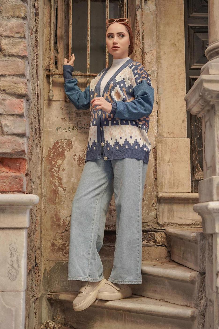 Hijab clothing NAVY BLUE PATTERNED MULTI-COLORED KNITWEAR CARDIGAN 37501 