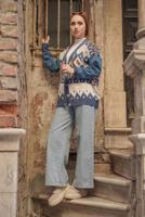 Hijab clothing NAVY BLUE PATTERNED MULTI-COLORED KNITWEAR CARDIGAN 37501 