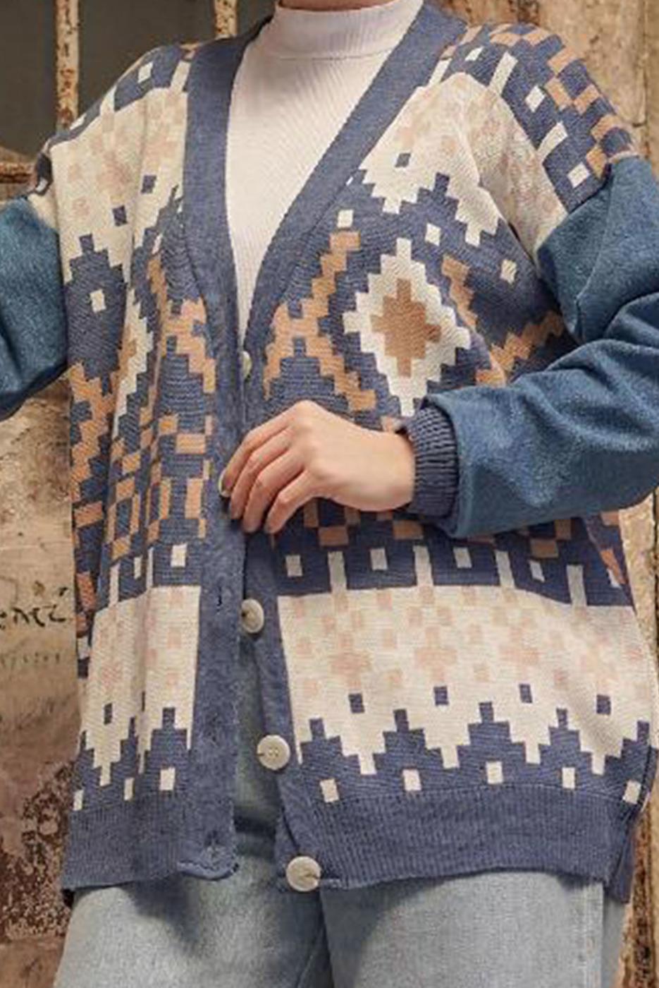 Hijab clothing NAVY BLUE PATTERNED MULTI-COLORED KNITWEAR CARDIGAN 37501 