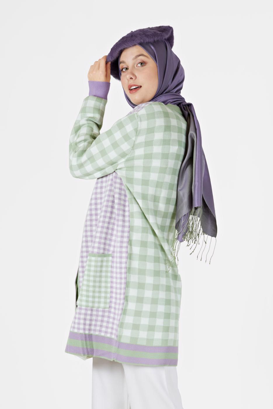 Hijab clothing GREEN GINGHAM PATTERN POCKET DETAIL KNITWEAR CARDIGAN 89541 