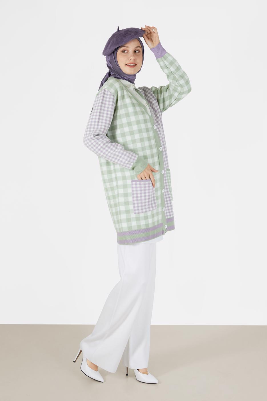 Hijab clothing GREEN GINGHAM PATTERN POCKET DETAIL KNITWEAR CARDIGAN 89541 
