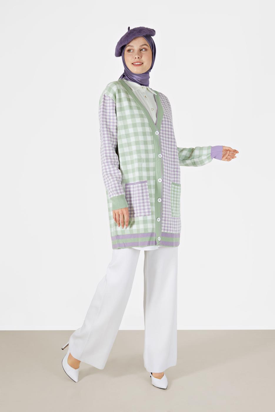 Hijab clothing GREEN GINGHAM PATTERN POCKET DETAIL KNITWEAR CARDIGAN 89541 