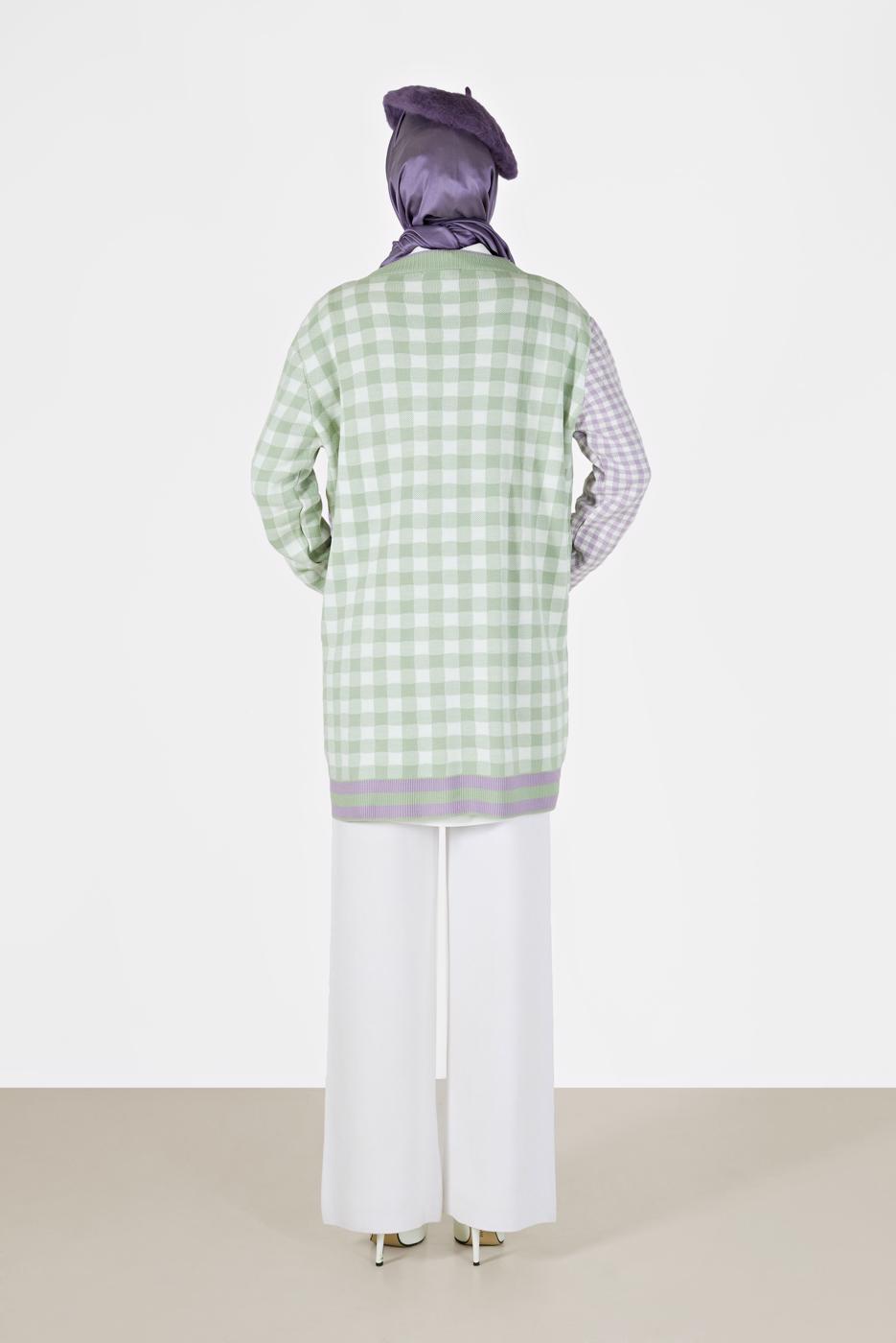 Hijab clothing GREEN GINGHAM PATTERN POCKET DETAIL KNITWEAR CARDIGAN 89541 