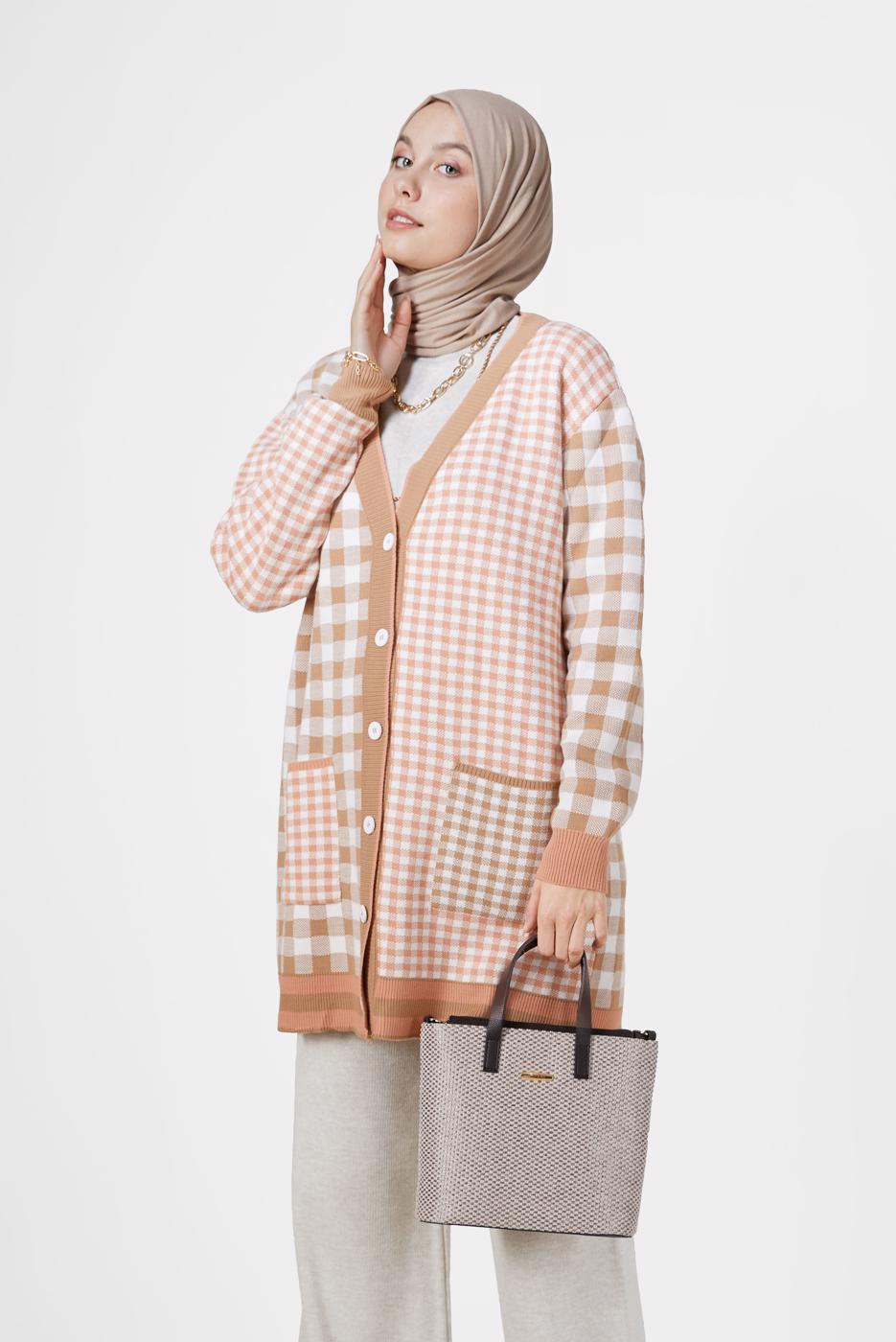 Hijab clothing BROWN GINGHAM PATTERN POCKET DETAIL KNITWEAR CARDIGAN 89541 