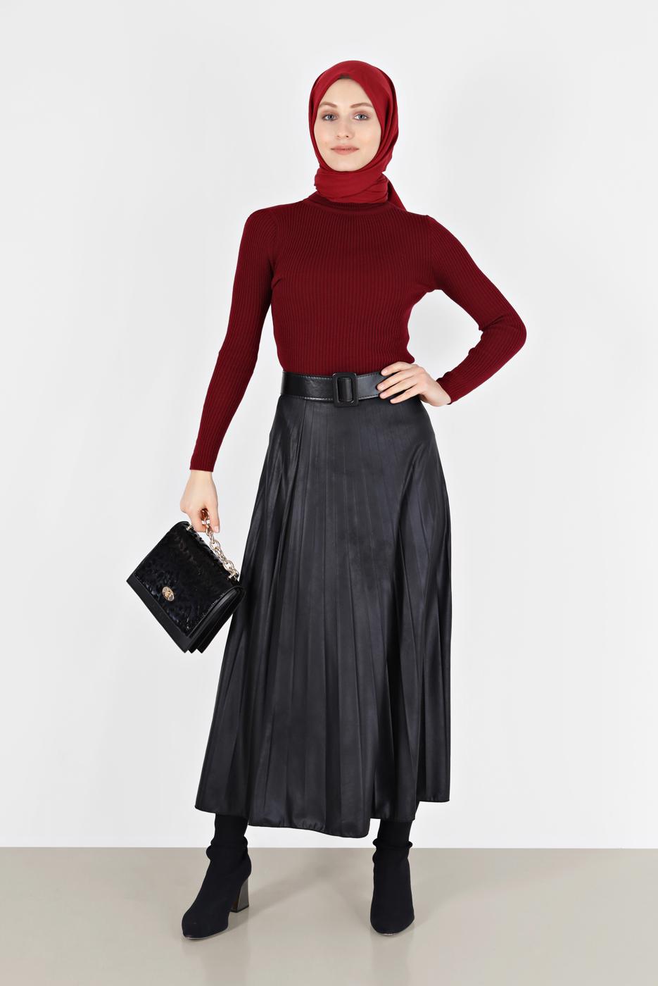 Tesettür giyim BORDO BASIC FİTİLLİ TRİKO KAZAK 0912 