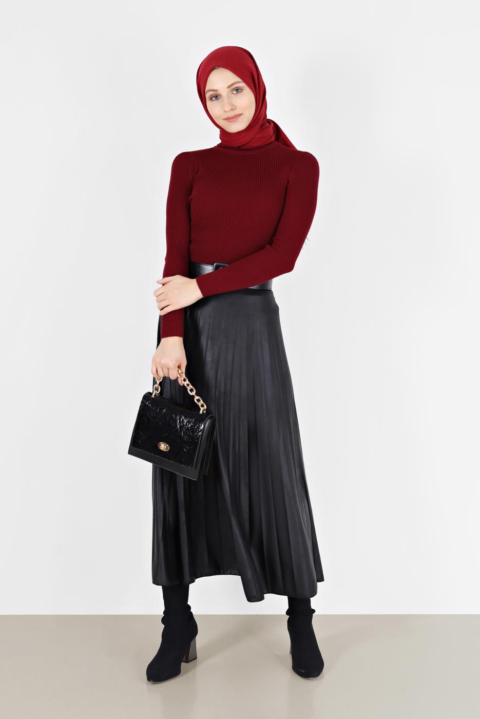 Tesettür giyim BORDO BASIC FİTİLLİ TRİKO KAZAK 0912 