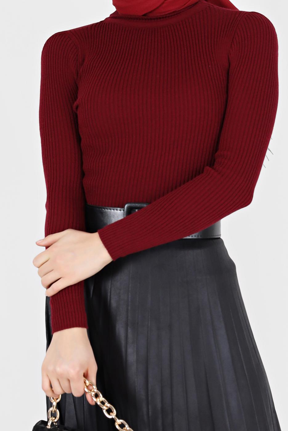 Tesettür giyim BORDO BASIC FİTİLLİ TRİKO KAZAK 0912 