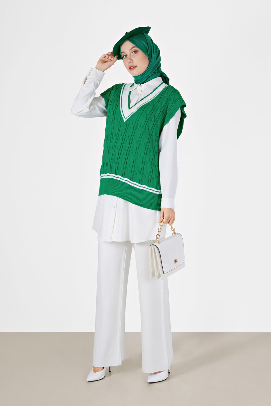 Tesettür giyim YEŞİL ÖRGÜ DESENLİ TRİKO SÜVETER 2527 