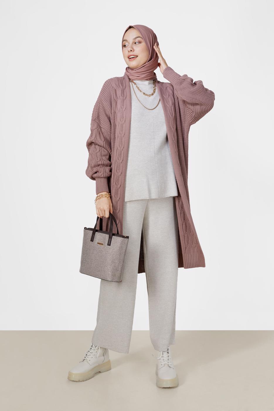 Tesettür giyim PEMBE ÖRGÜ DESENLİ HIRKA 6327 