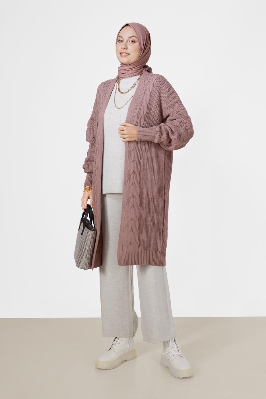 Tesettür giyim PEMBE ÖRGÜ DESENLİ HIRKA 6327 