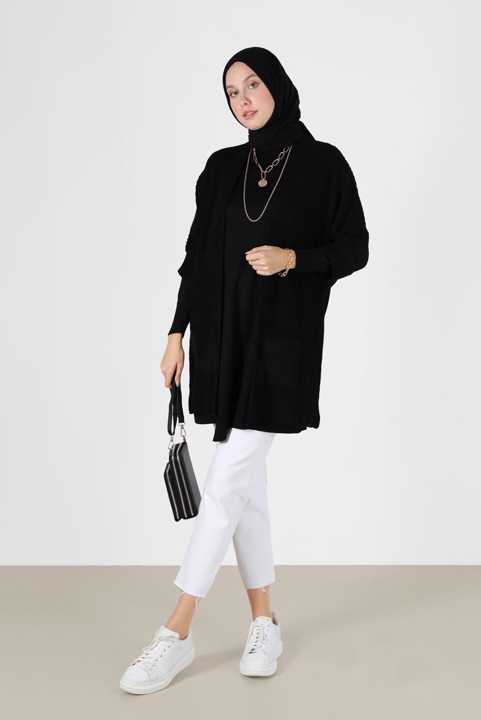Hijab clothing BLACK HALF SLEEVE POCKET DETAIL CARDIGAN 6627 