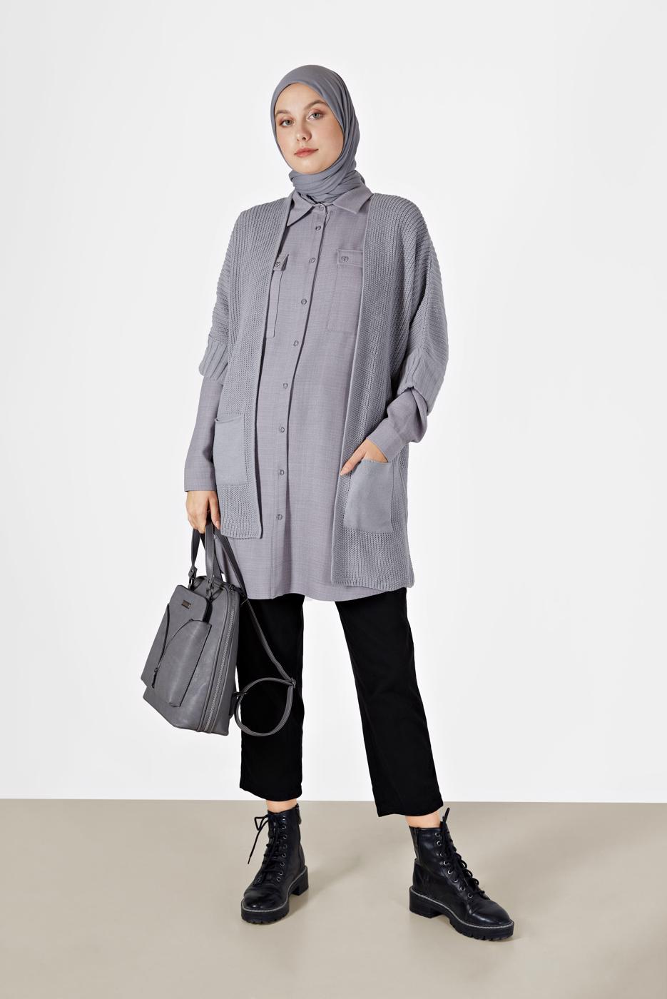 Vêtements hijab GRIS CARDIGAN DEMI-MANCHES AVEC POCHE 6627