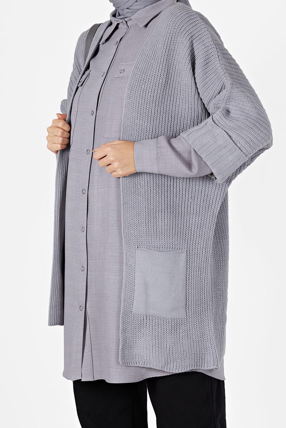 Vêtements hijab GRIS CARDIGAN DEMI-MANCHES AVEC POCHE 6627