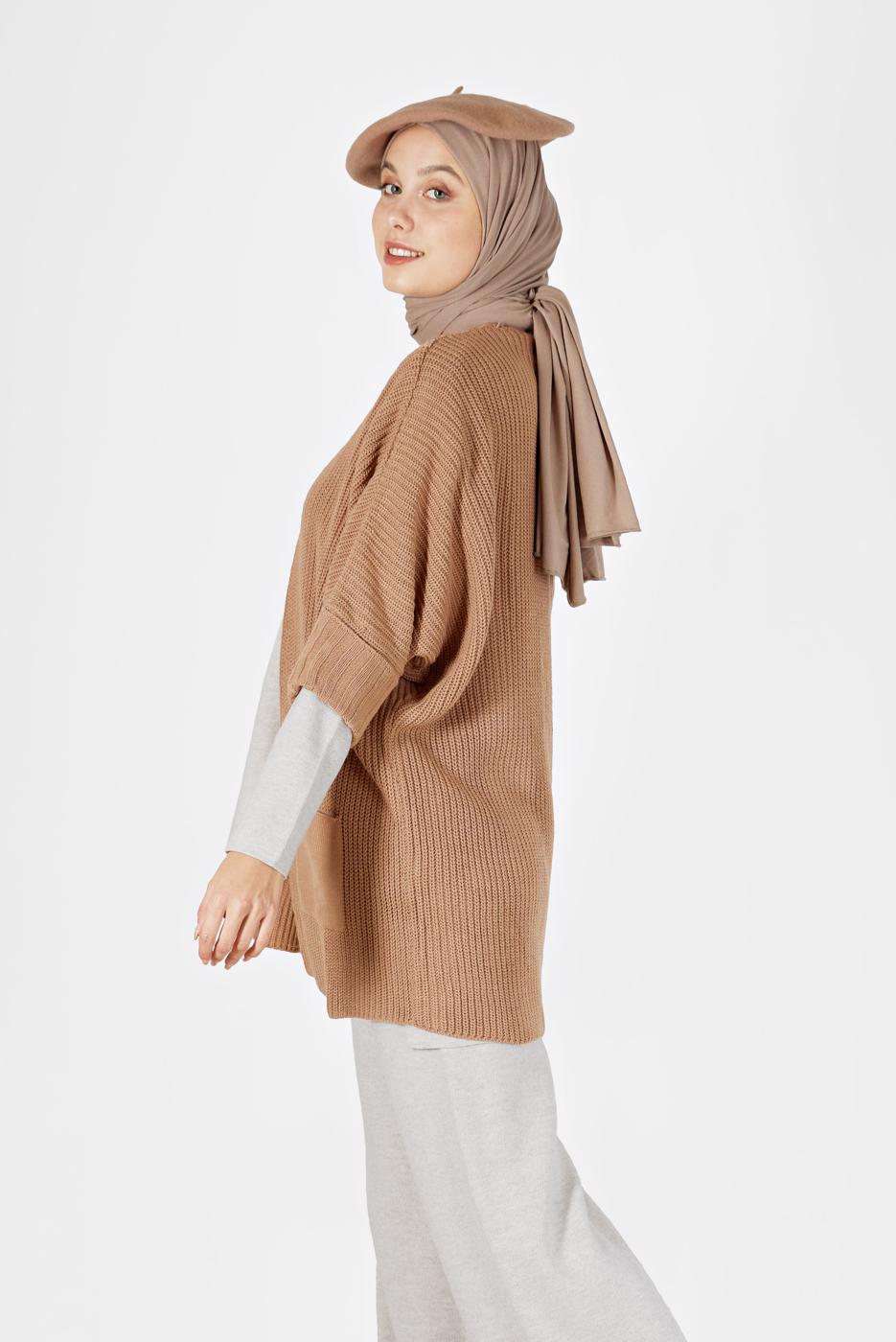 Tesettür giyim KAHVE YARIM KOL CEP DETAYLI HIRKA 6627 
