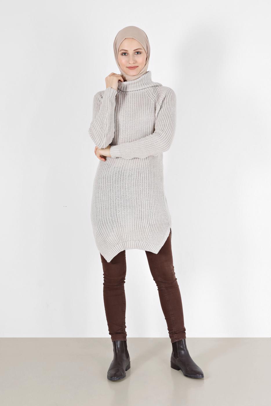 Tesettür giyim KREM BALIKÇI YAKA TRİKO TUNİK 7412 