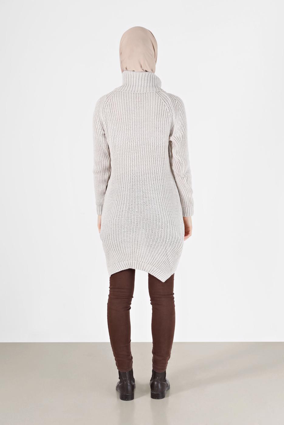 Tesettür giyim KREM BALIKÇI YAKA TRİKO TUNİK 7412 