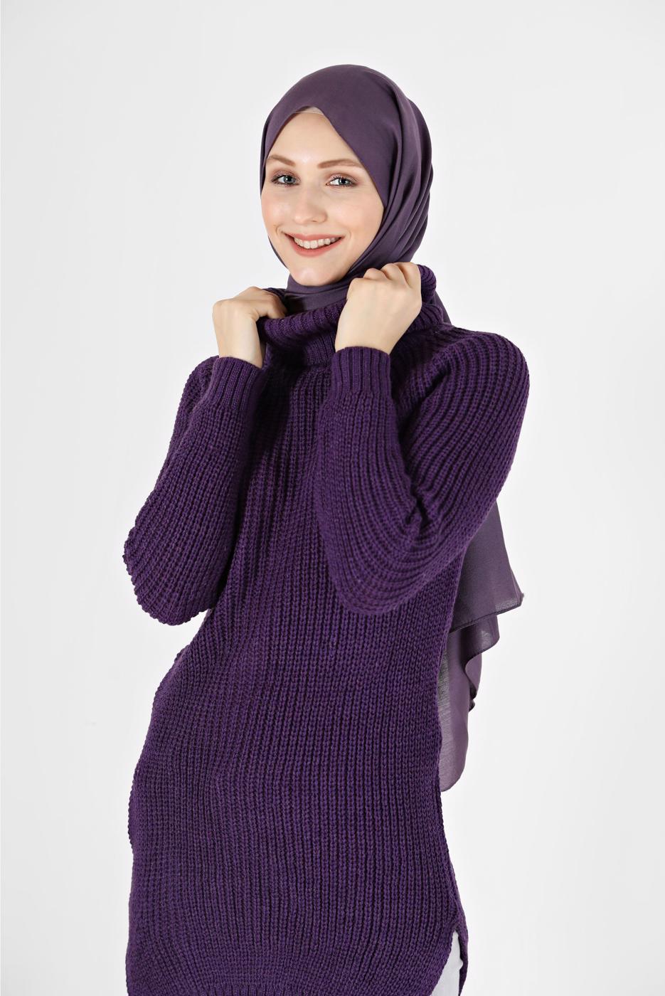 Tesettür giyim MOR BALIKÇI YAKA TRİKO TUNİK 7412 