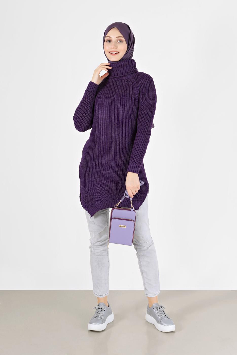 Tesettür giyim MOR BALIKÇI YAKA TRİKO TUNİK 7412 