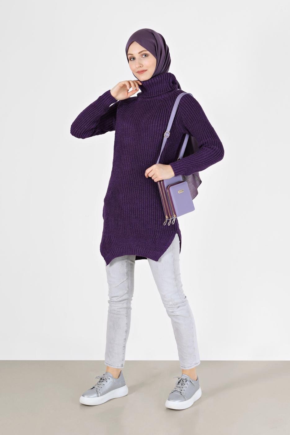 Tesettür giyim MOR BALIKÇI YAKA TRİKO TUNİK 7412 