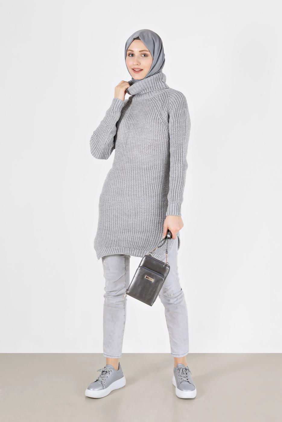 Tesettür giyim GRİ BALIKÇI YAKA TRİKO TUNİK 7412 