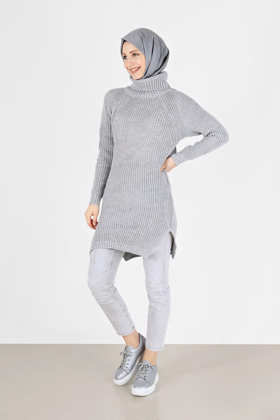 Tesettür giyim GRİ BALIKÇI YAKA TRİKO TUNİK 7412 