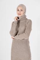 Tesettür giyim BEJ BALIKÇI YAKA TRİKO TUNİK 7412 