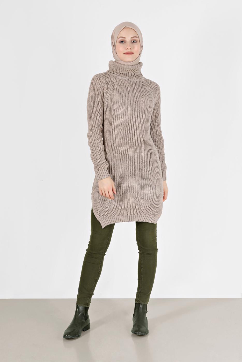 Tesettür giyim BEJ BALIKÇI YAKA TRİKO TUNİK 7412 
