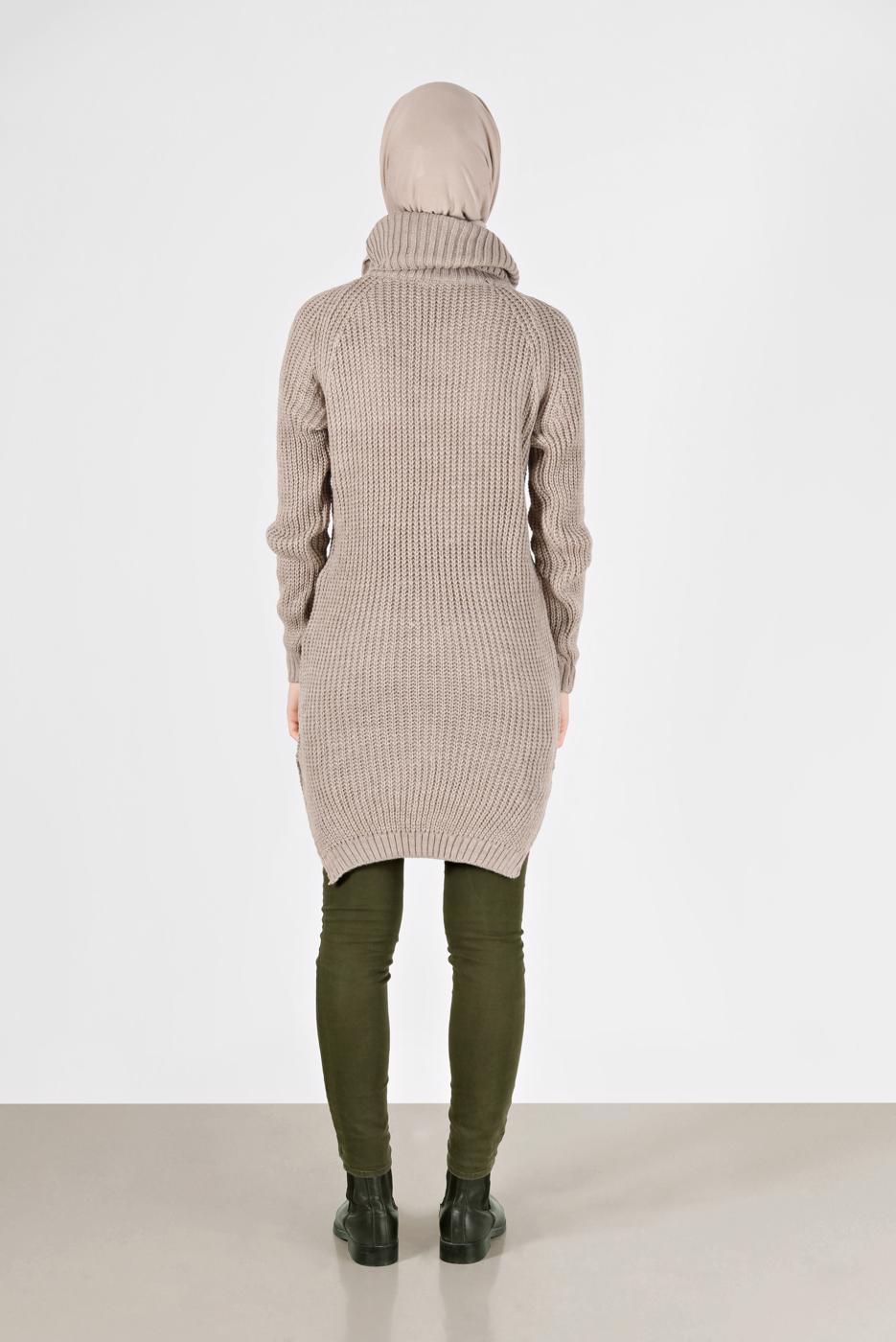 Tesettür giyim BEJ BALIKÇI YAKA TRİKO TUNİK 7412 