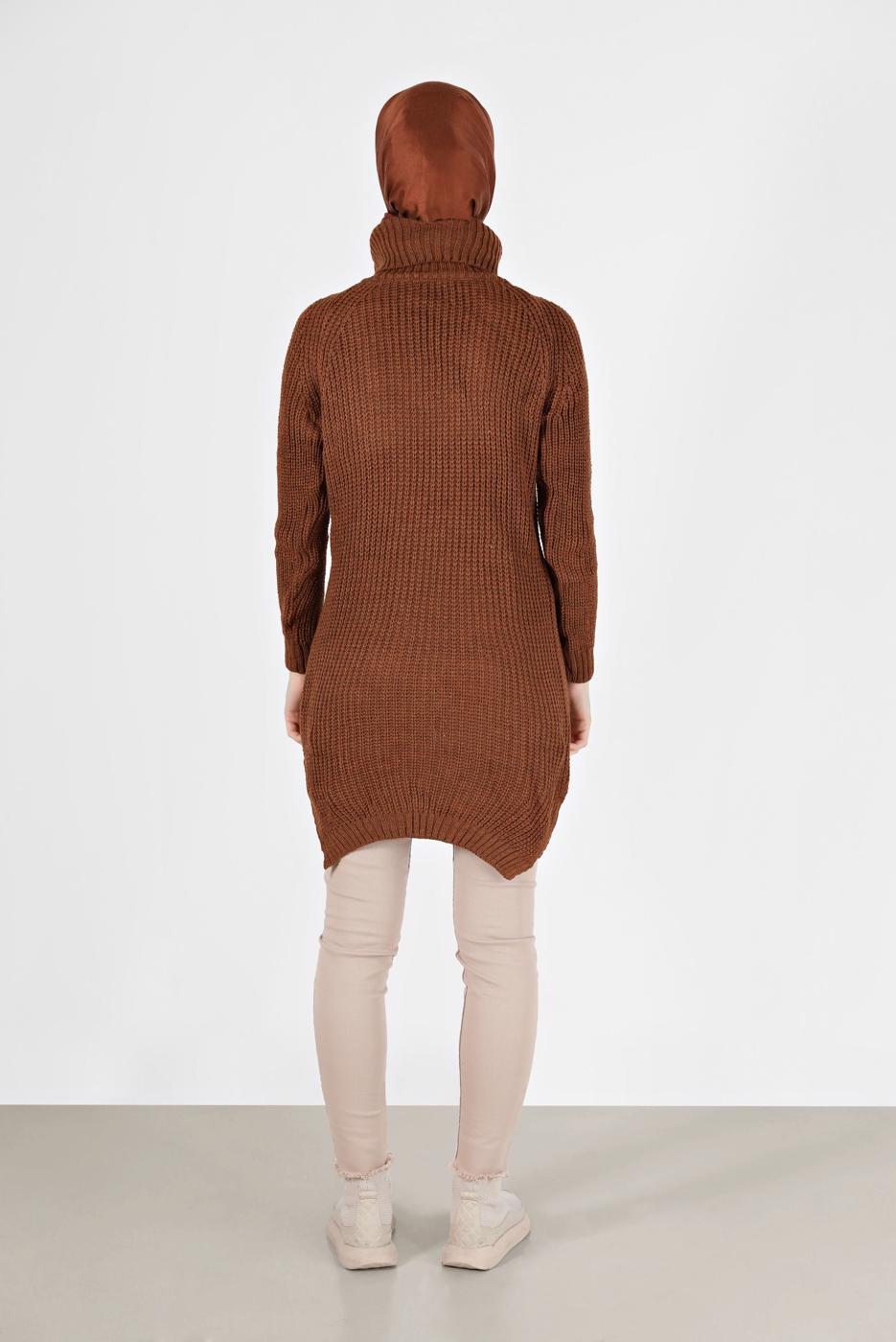 Tesettür giyim KAHVE BALIKÇI YAKA TRİKO TUNİK 7412 