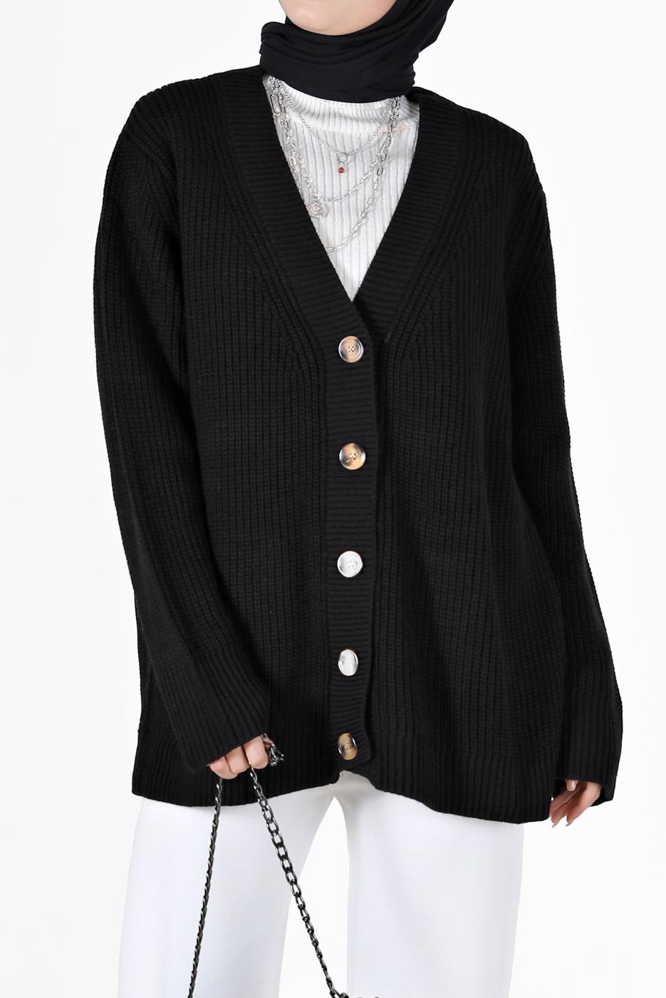 Tesettür giyim SİYAH DÜĞME DETAYLI BASIC TRİKO HIRKA 9905 