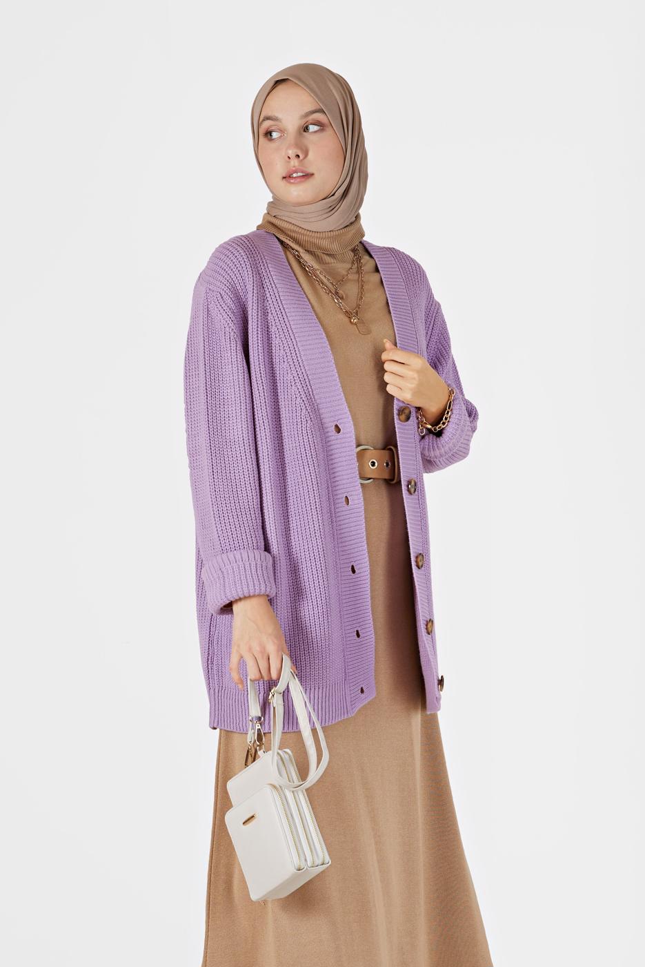 Tesettür giyim MOR DÜĞME DETAYLI BASIC TRİKO HIRKA 9905 