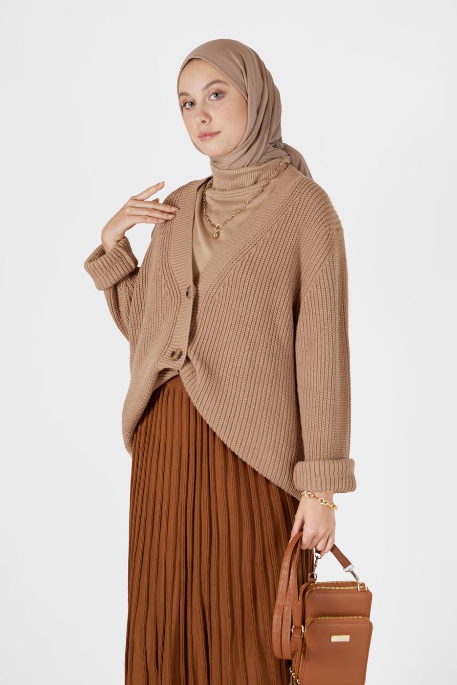 Hijab clothing BROWN BUTTON DETAIL BASIC KNITWEAR CARDIGAN 9905 