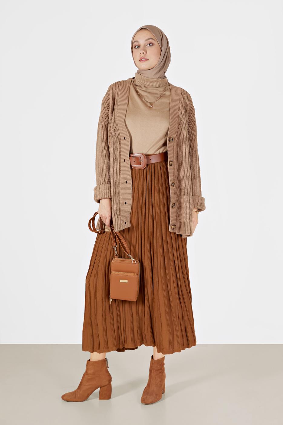 Hijab clothing BROWN BUTTON DETAIL BASIC KNITWEAR CARDIGAN 9905 