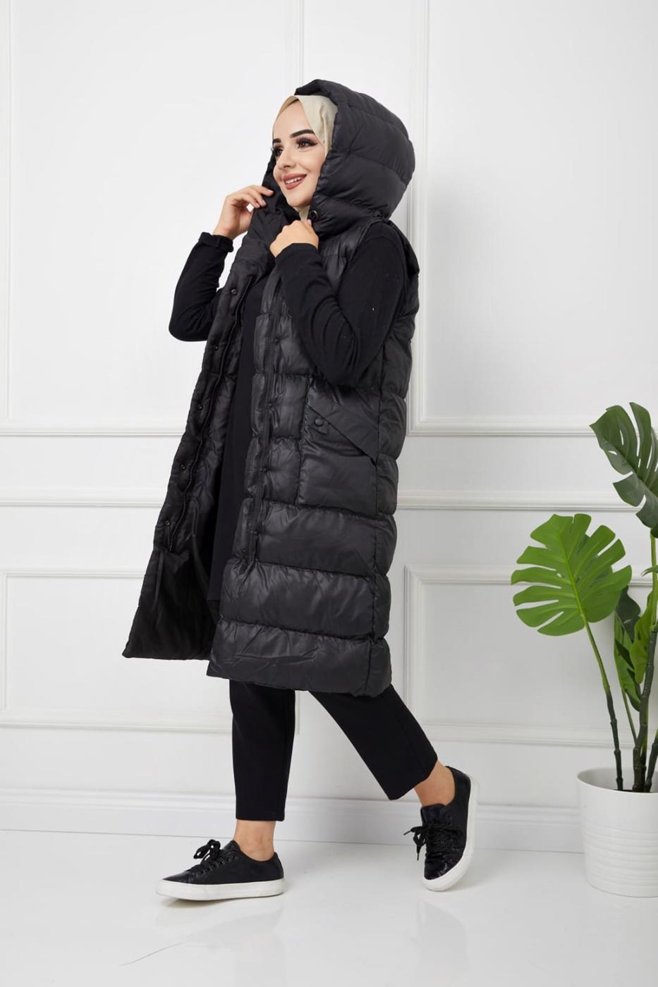 Tesettür giyim SİYAH CEPLİ KAPÜŞONLU ŞİŞME YELEK T 00044 