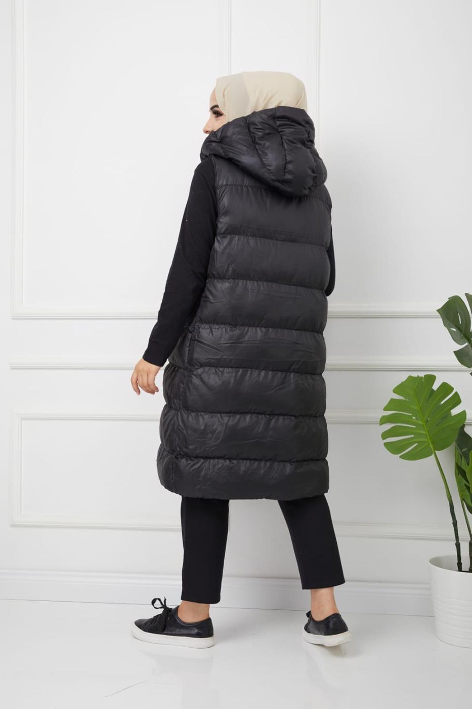 Tesettür giyim SİYAH CEPLİ KAPÜŞONLU ŞİŞME YELEK T 00044 