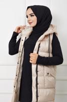 Tesettür giyim BEJ CEPLİ KAPÜŞONLU ŞİŞME YELEK T 00044 