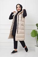 Tesettür giyim BEJ CEPLİ KAPÜŞONLU ŞİŞME YELEK T 00044 